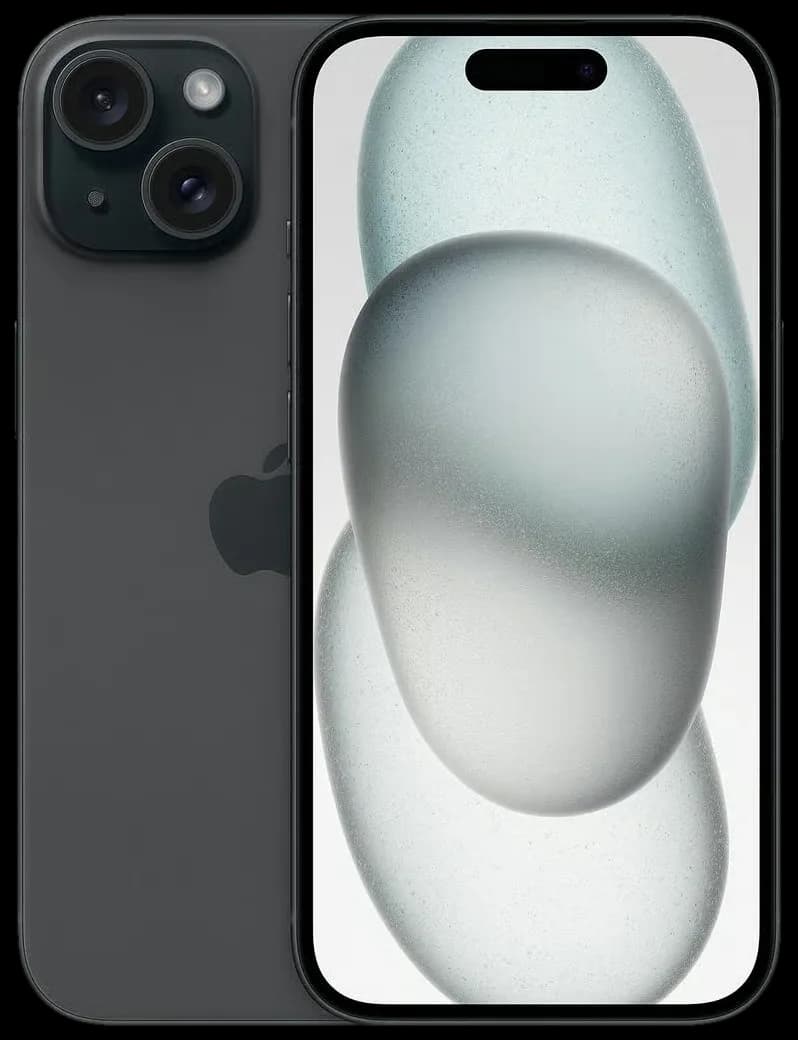 Refurbished iPhone 15 in black, front and back